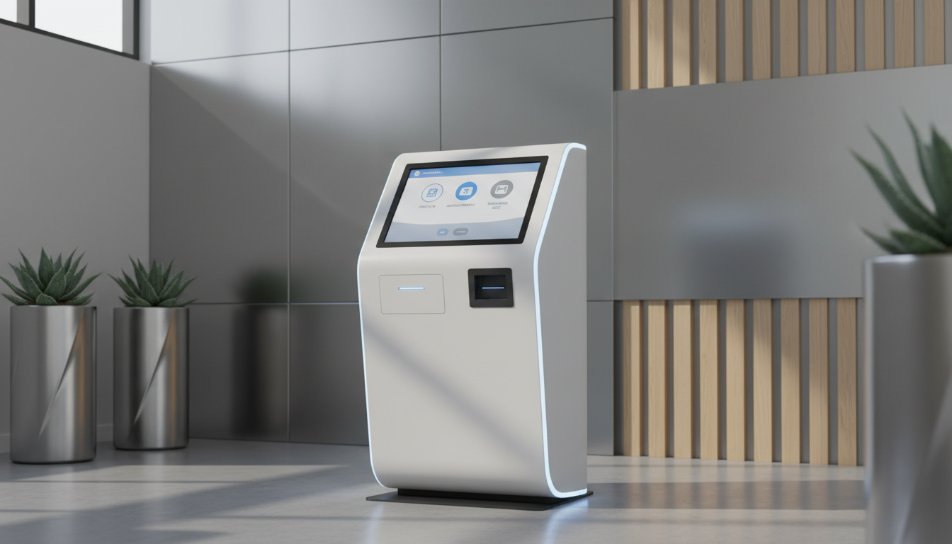 A detailed close-up of a seamless white AI-powered healthcare kiosk with a digital touch interface, displaying an intuitive navigation screen with clean blue and gray UI elements. The kiosk is placed against a backdrop of smooth, neutral-toned panels in a corporate lobby, accented by silvery planters with minimalist succulents. Subtle natural daylight streams from large ceiling windows, creating soft highlights and faint shadows that enhance the kiosk’s crisp lines. The atmosphere is welcoming yet highly professional, projecting assurance and order. A slightly low camera angle with centered composition further emphasizes structure and authority, while the photographic style remains polished and sophisticated.
