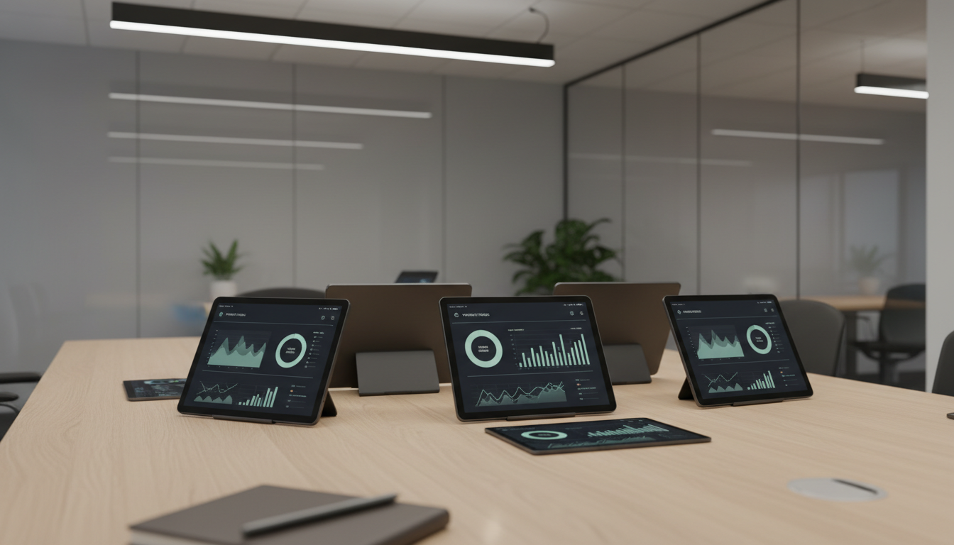 A carefully arranged set of digital tablets and devices in matte black, displaying sophisticated healthcare analytics dashboards with subtle pastel blue and green graphs, placed on a light oak conference table in a contemporary office space. The table is surrounded by minimalist glass partitions and neutral gray walls, all illuminated by soft, diffused overhead LED lighting. The setting feels organized and efficient, radiating professionalism and calm. Captured from a slightly elevated angle with rule-of-thirds composition, depth is achieved with a gentle blur in the foreground and background. Photographic realism and clean, modern styling emphasize structured layout and clarity, perfectly aligning with healthcare business technology.