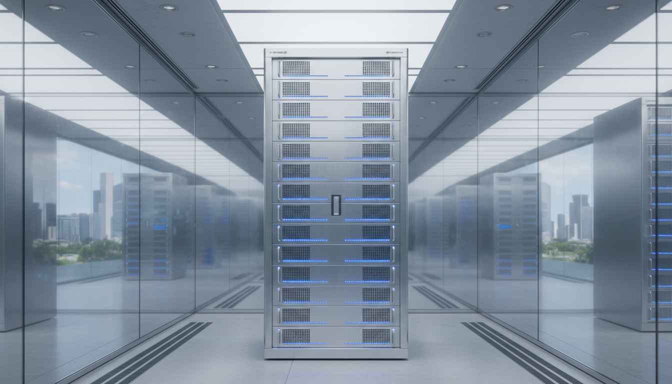 An intricately designed, ultra-modern AI server rack in brushed stainless steel with glowing blue indicator lights, housed within a pristine, glass-walled data center. The rack is placed at the forefront, with frosted glass panels and subtle reflections behind. Balanced, diffused daylight from overhead skylights bathes the scene, producing gentle highlights and crisp, defined shadows on clean floors. The atmosphere is sleek, high-tech, and professional. Captured at an eye-level angle with sharp focus throughout, the composition uses structured lines and symmetry to convey order. The aesthetic is photographic realism with a minimalist, corporate touch, reinforcing the advanced, professional foundation of healthcare AI technology.